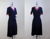 60's knit dress. navy blue dress 1960. rainbow chevron dress. 6. wool knit dress 60 70.