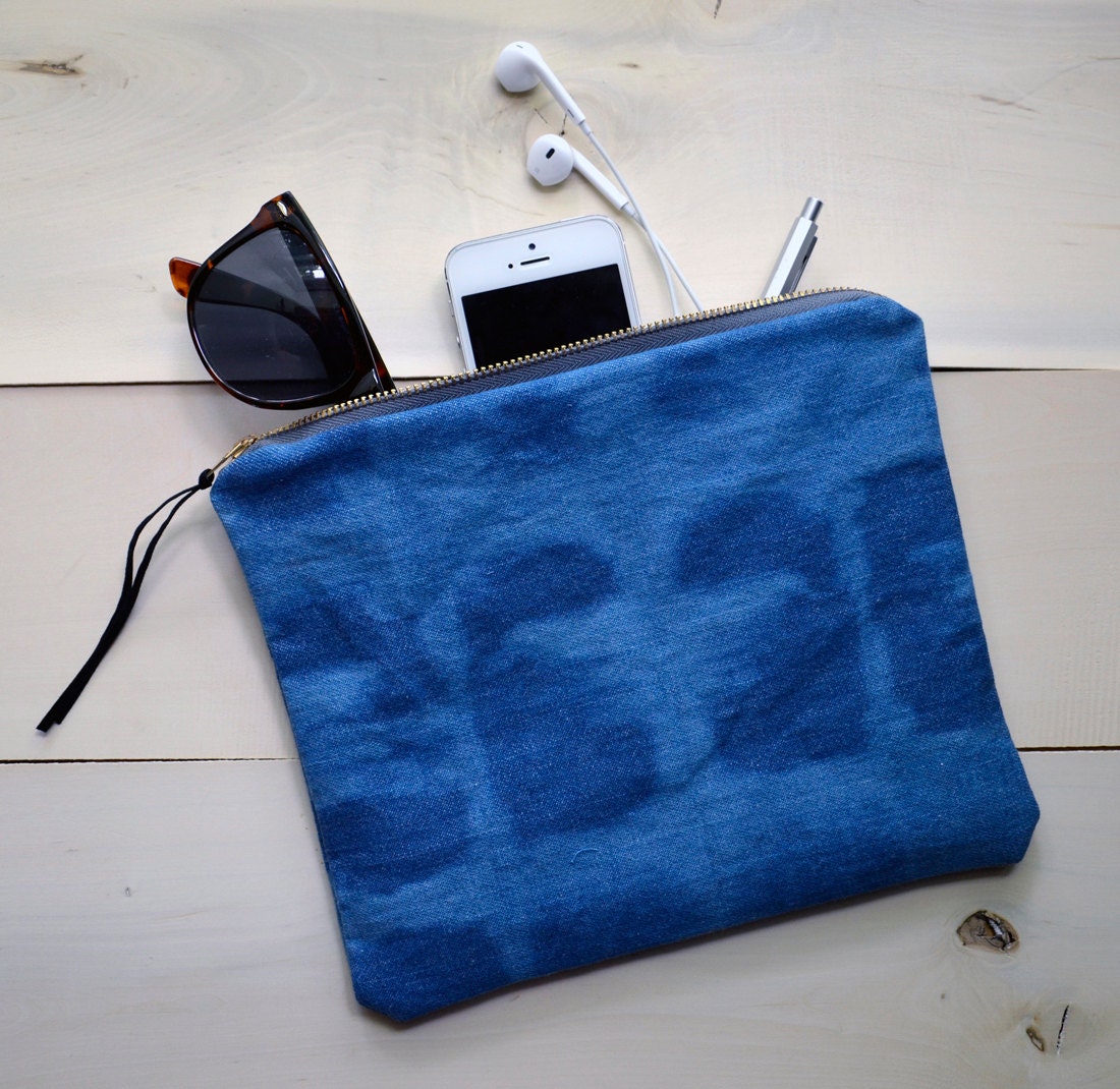 Light Blue Bleached Reverse Tie Dyed Zippered Pouch with Ultrasuede  Pull