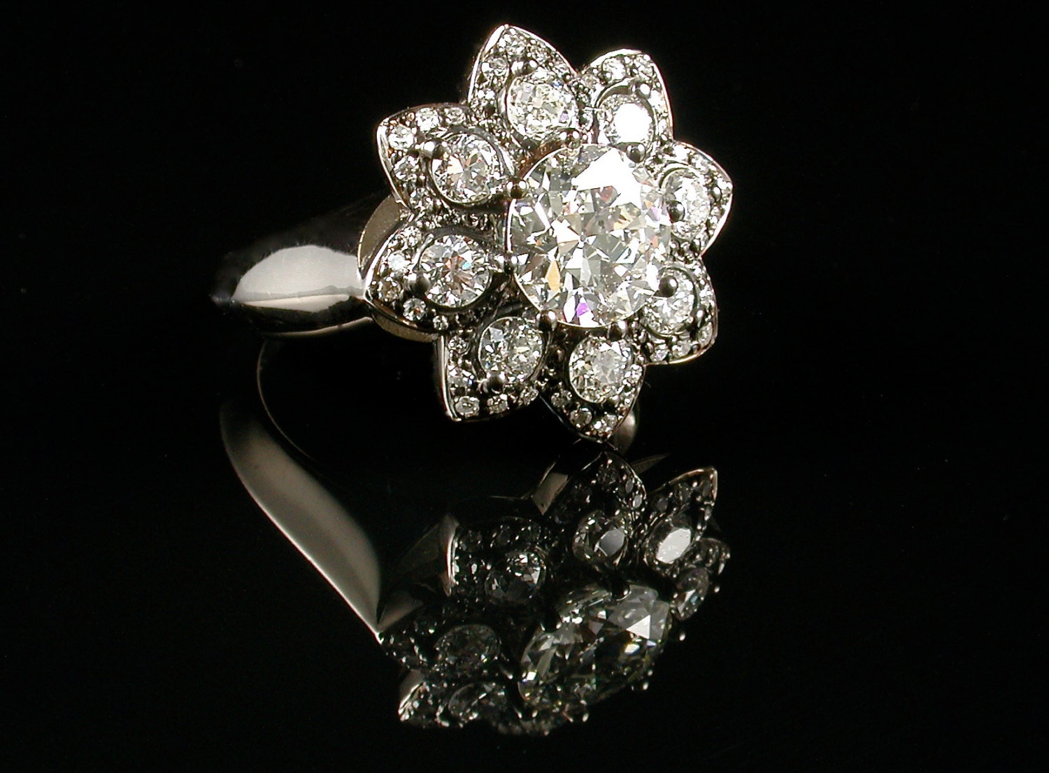 Original Antique Diamond Ring Custom Order. Large Flower Ring. Right Hand Ring. Eco Friendly. Conflict Free Diamonds. Made to Order