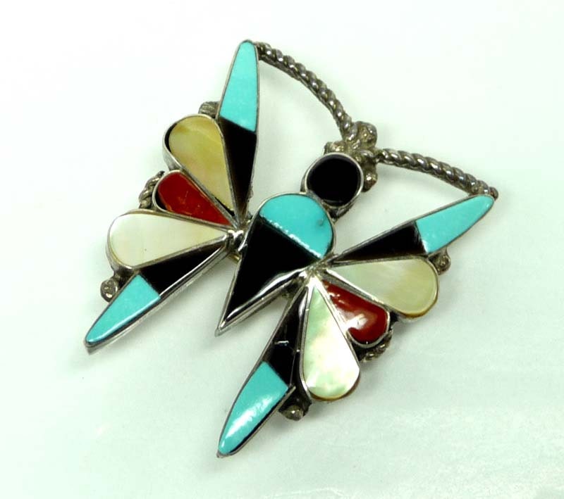 Silver Zuni Butterfly Brooch Pendant with Inlaid Gemstones