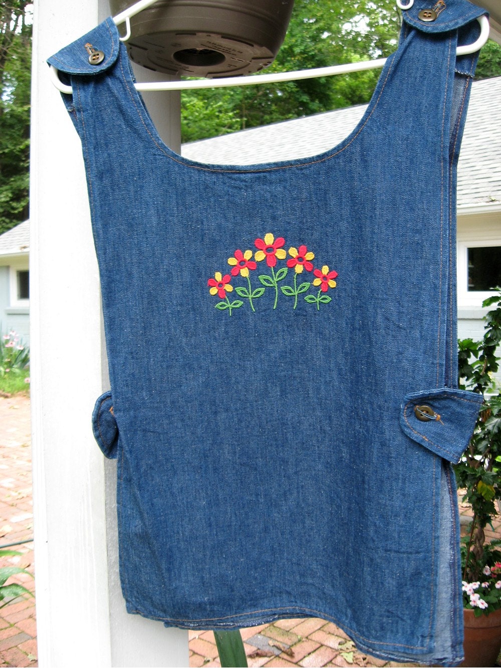 Denim Apron with Red and Golden Floral Embroidery / Unique Apron / Denim Top with Open Sides / Daisy Power