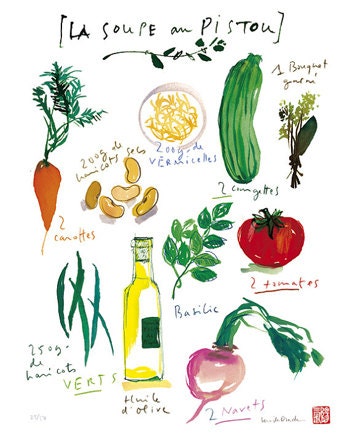 Kitchen art, 11X14 Vegetable print of french soup recipe Watercolor illustration, Food poster, Culinary art kitchen decor
