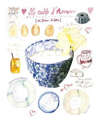 Love cake recipe poster, 8x10 Kitchen art print, Food painting, Blue, Watercolor illustrated recipe, french Home decor, Valentine