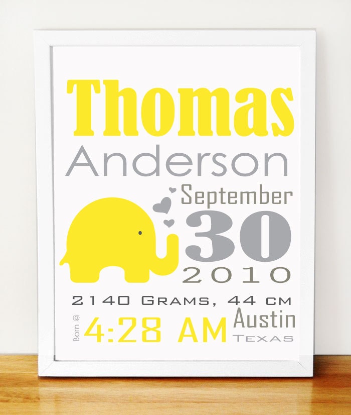 Baby Elephant Birth Announcement,  Yellow and grey nursery wall print A521