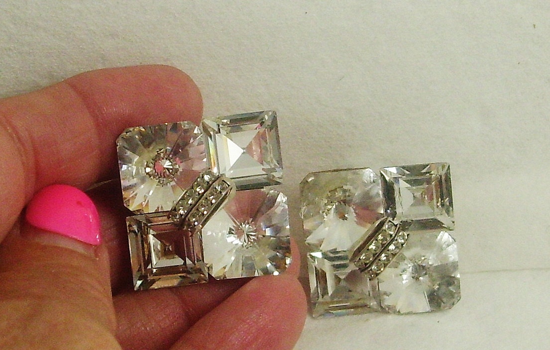 Vintage Clear Rivoli Swarovski Crystal Rhineston Regal HUGE Fashion earrings