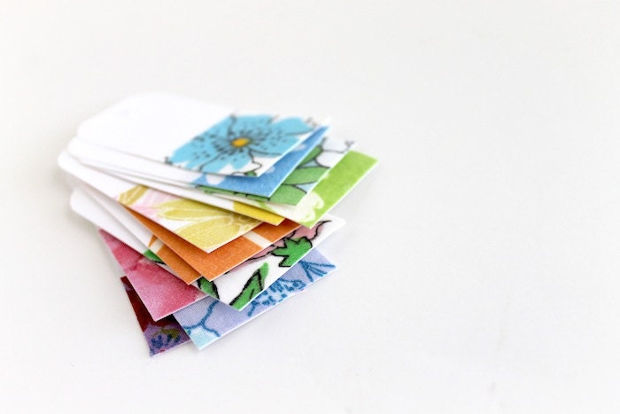 Vintage Fabric Covered Shipping - Gift - Hang Tags Small 12 pack - Pink, Blue, Yellow, Green, Orange, Purple