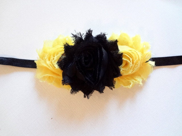 Yellow and Black Shabby Chic Flower Headband - Newborn Headband. Baby Hair Accessories. Girls Hair Accessories. Bumble Bee Inspired Headband