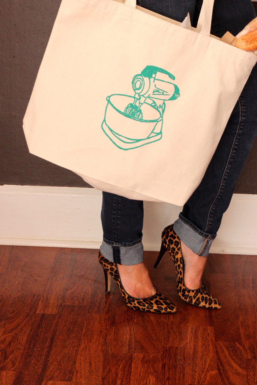 Hand Screen Printed Canvas Tote Retro Sunbeam Mixer Design Reusable Bag. Turquoise Blue Limited Edition.