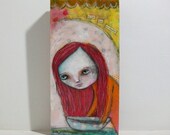 folk art girl mixed media painting whimsical original painting on 12x6 inch cradled wood panel  - Float into paradise