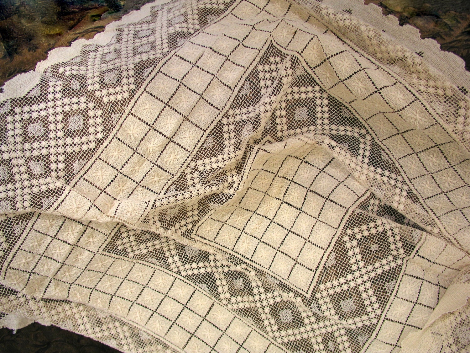 Vintage French Filet Crocheted Antique Ecru Tablecloth  44" Square