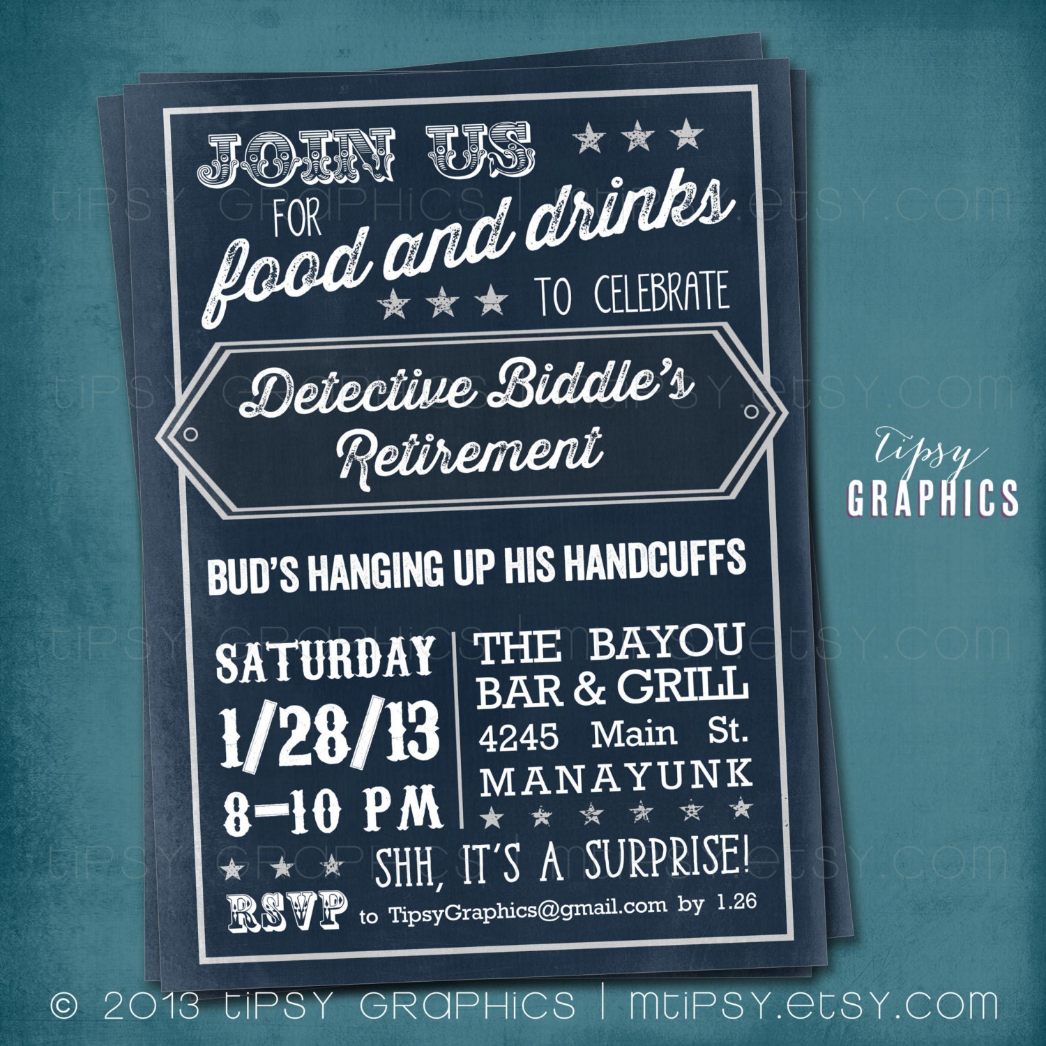 Chalkboard. Retirement Invite or Birthday Party Invite by Tipsy Graphics. Any colors Il_570xn