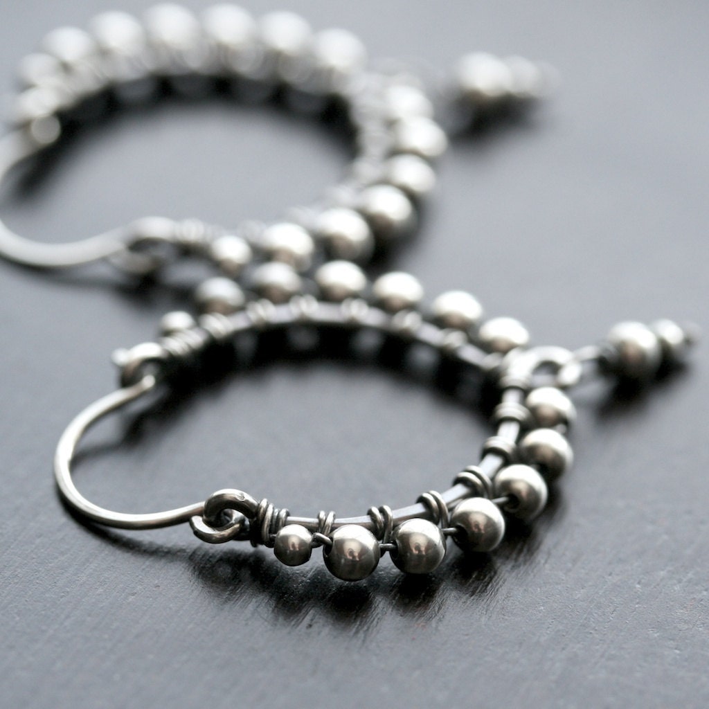 Handmade wire wrapped hoops, sterling silver, oxidized, beaded hoops, dangle, hoop earrings, boho, Mimi Michele Jewelry