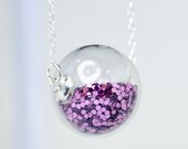 Purple glitter hand blown glass ball sterling silver necklace