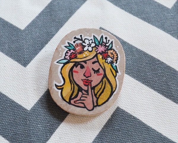 Brooch Handpainted Wood - Floral Crown Blonde Babe