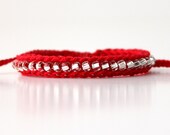Friendship Bracelet, Poppy Red bracelet, Silver beads, crocheted bracelet, pantone spring 2013, crocheted jewelry
