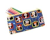 pencil case 4"X8" retro style - michael miller fabric - hot yellow piping -
