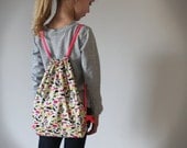 Drawstring backpack in modern zoo animal fabric . easy cinch up bag . for girls . children . spring . neon . backpack . tote bag .