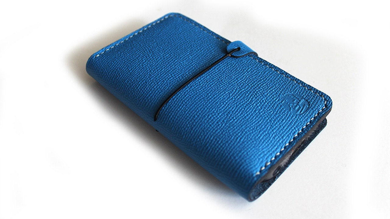 Hand stitched iPHONE 4 / 4S or 5 Wallet with a Silicone Case in COBALT BLUE