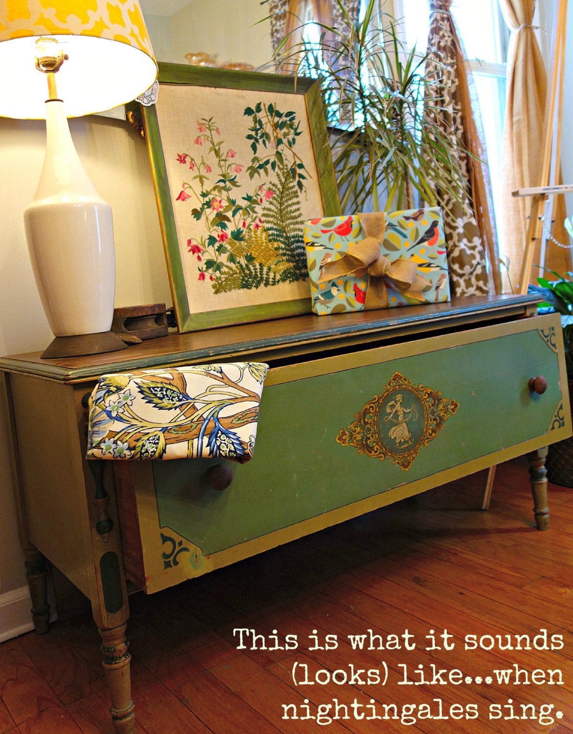 antique vintage . console table . wood furniture . buffet sideboard . chest stand . yellow green . ochre gold olive . chippy beautiful paint