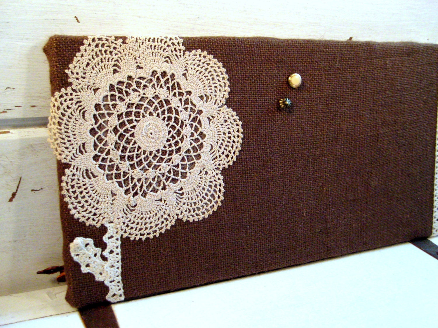 Bulletin Board made from Burlap and a vintage embroidered doily flower and lace border, Photo Memory Board, rustic country style
