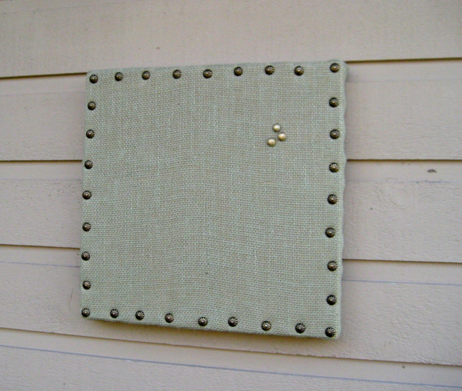 Sage Green box frame Burlap Bulletin Board, Nail head trim detailing, Custom for your office, bedroom or kitchen