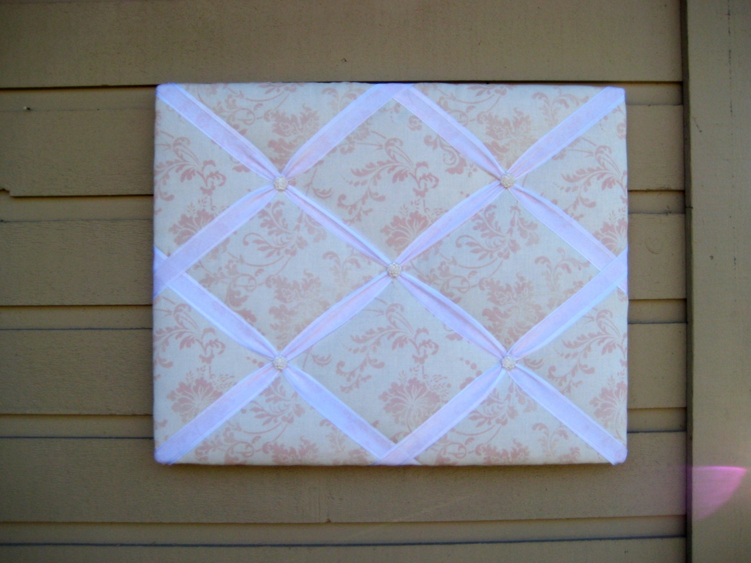 French Photo Memory Board, Damask Memo Board, Pink and White, double ribbons with Pearl White buttons