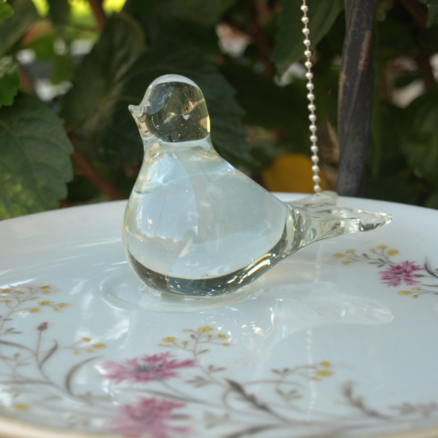 Glass Bird Feeder vintage pink floral china repurposed hanging
