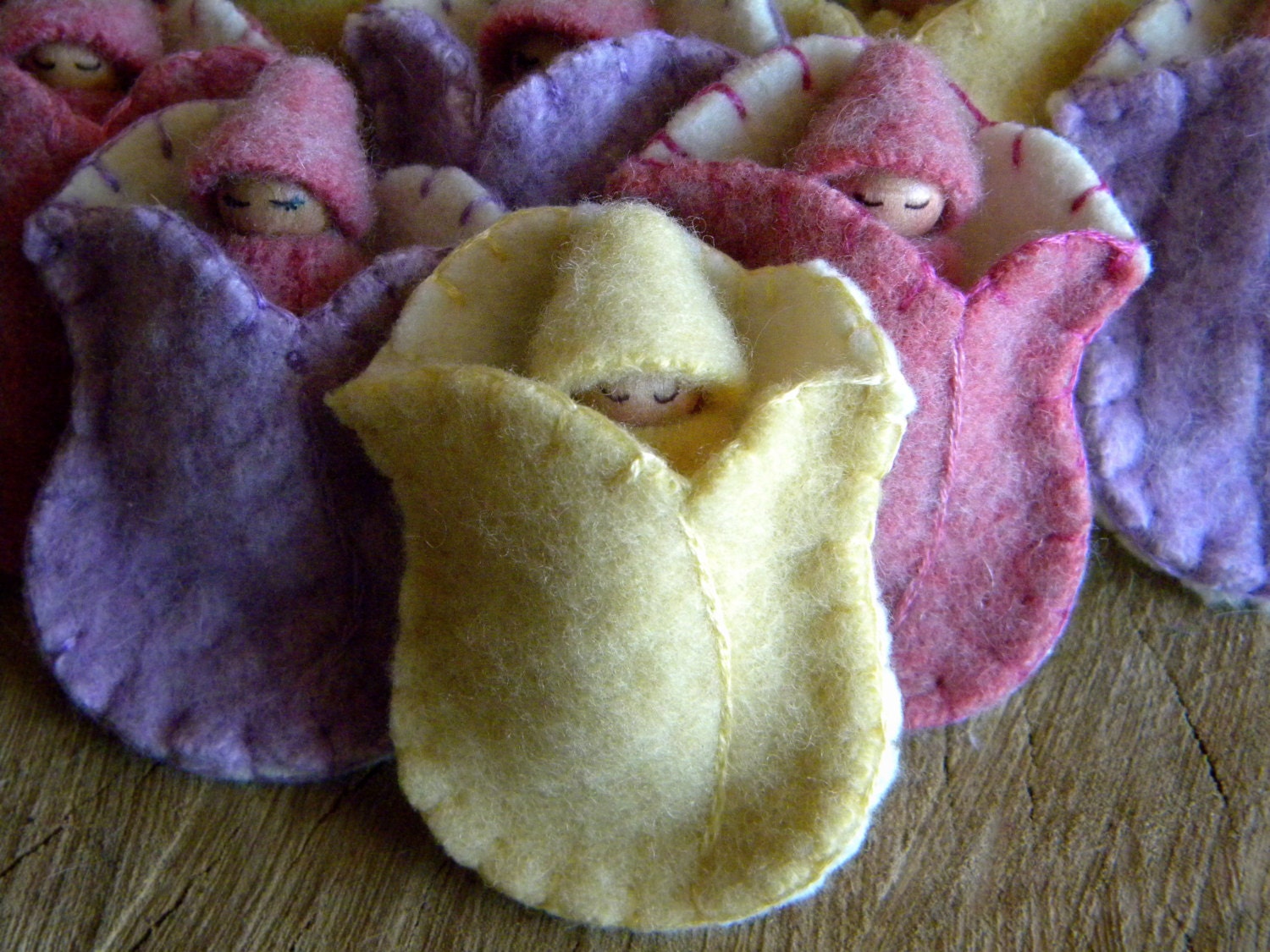 Waldorf Tulip Babies, Birthday Party Favors,Upcycled Eco Birthday, Spring flower, Summer, Waldorf Gnome, lavender, pink, white, yellow