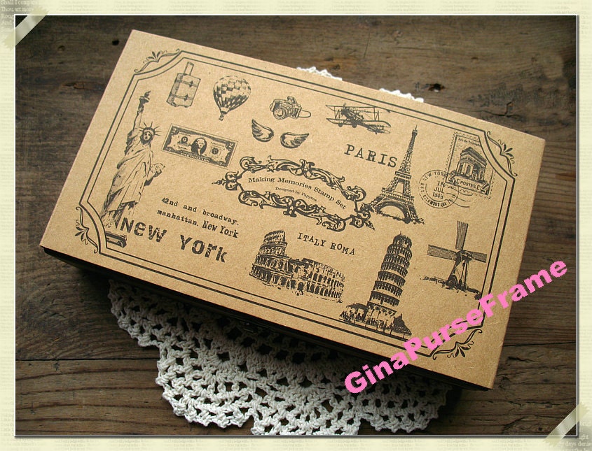 Stamps-- Making Memories Stamps Set // Vintage-style  Wooden rubber Stamps 17pcs with antique wooden box--1set