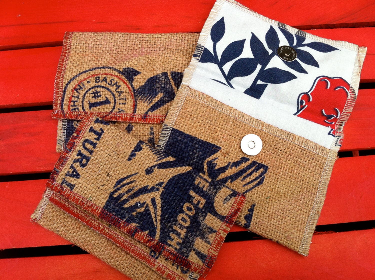 Recycled Burlap Basmati Rice sack Wallet lined with Dinosaur Linens