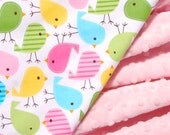 Baby Girl Minky Blanket - Robert Kaufman Birds in Spring with Light Pink Minky - Personalization Available