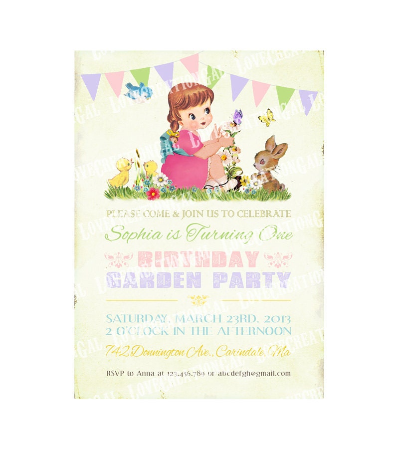 Digital PRINTABLE Vintage Spring Garden Girl Butterfly Bunny Bird Flowers Birthday Tea Party Daughter Children Banner Invitation Cards IN53