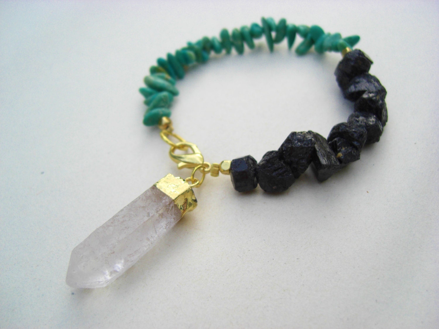 T E A G A N // Gold Dipped Quartz, Volcanic Rock, & Turquoise Nugget Bracelet