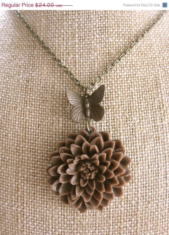 SALE Brown Flower Necklace Floral Necklace Butterfly Necklace Butterfly Jewelry Flower Jewelry Floral Jewelry Spring Fashion