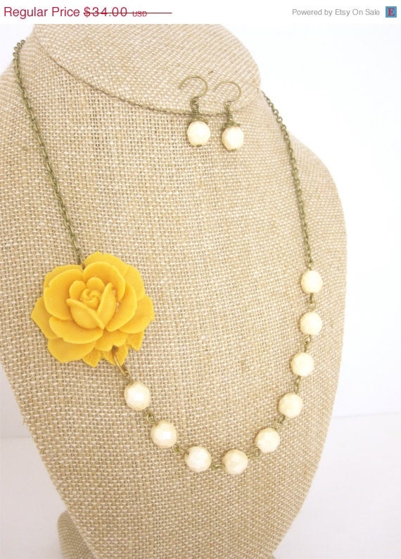 SALE Yellow Necklace Yellow Jewelry Flower Necklace Mustard Yellow Bridesmaid Jewelry Bridesmaid Necklace Rustic Wedding Jewelry
