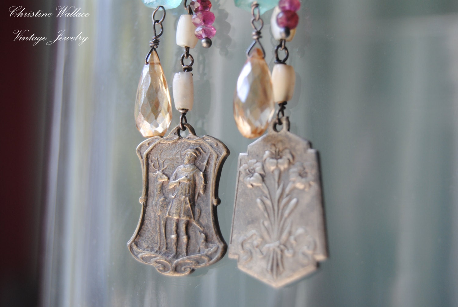 SAINT HUBERT--Vintage French Rosary Holy Medal Gemstone Roman Glass Briolette EARRINGS