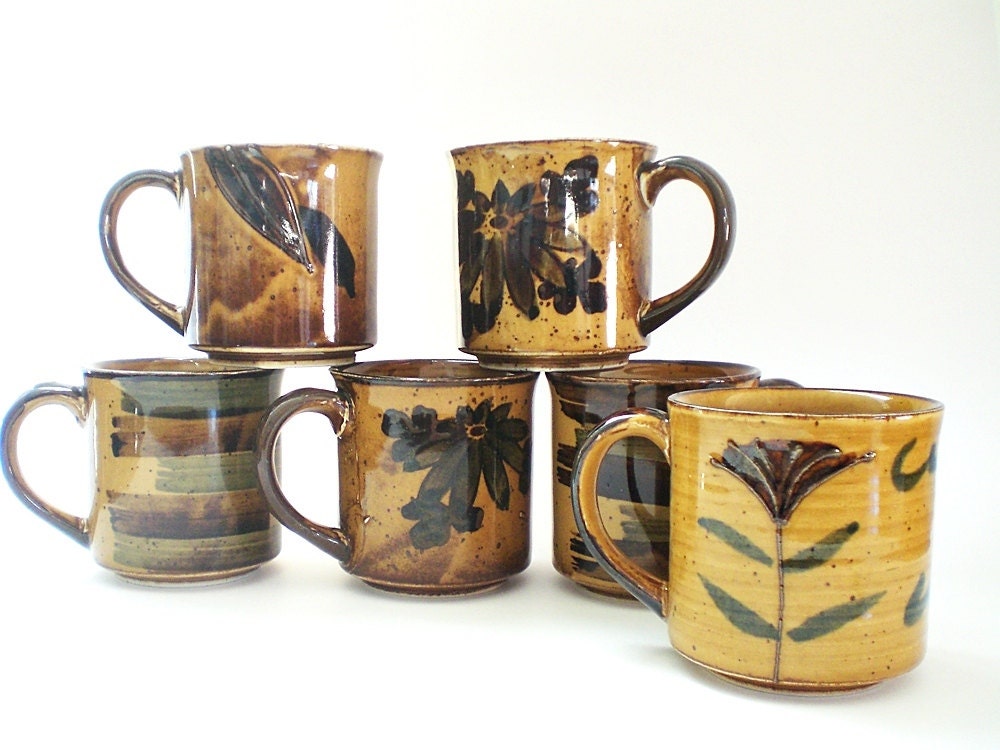 Vintage Ceramic Mugs, Rustic Coffee Mug Collection, Earthy Colors, Bird, Flowers, Stripes