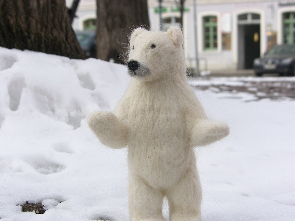Polar Bear Sculpture, needle felted in Shetland wool, standing.