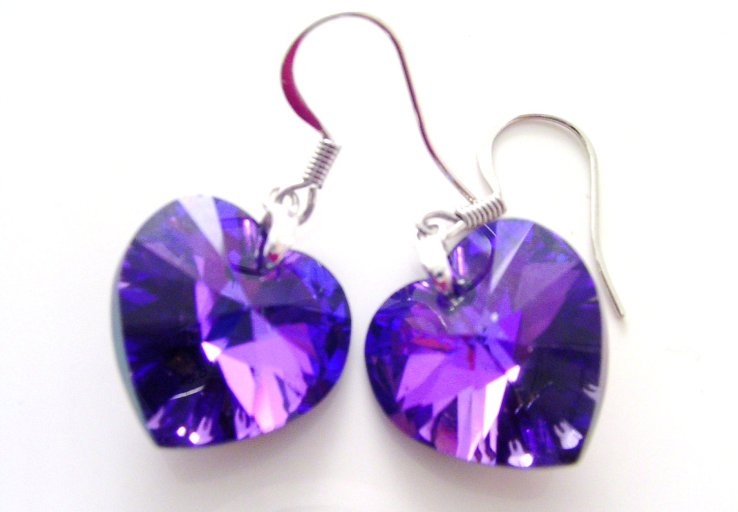 Purple Blue Heart Earrings Swarovski Purple Platinum Heart Earrings Purple Plum Heart Earrings
