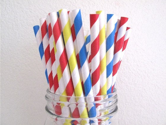 50 Red Yellow Blue Carnival Circus Combo Striped Paper Straws w/ Printable DIY Flags / Wedding Birthday Baby Shower Party / Cake Pops