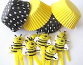 Bumble Bee Cupcake Kit. Set of 12 Picks, 24 Liners.   Birthday Party, Baby Shower, Picnic, Cupcake Liners Toppers Picks