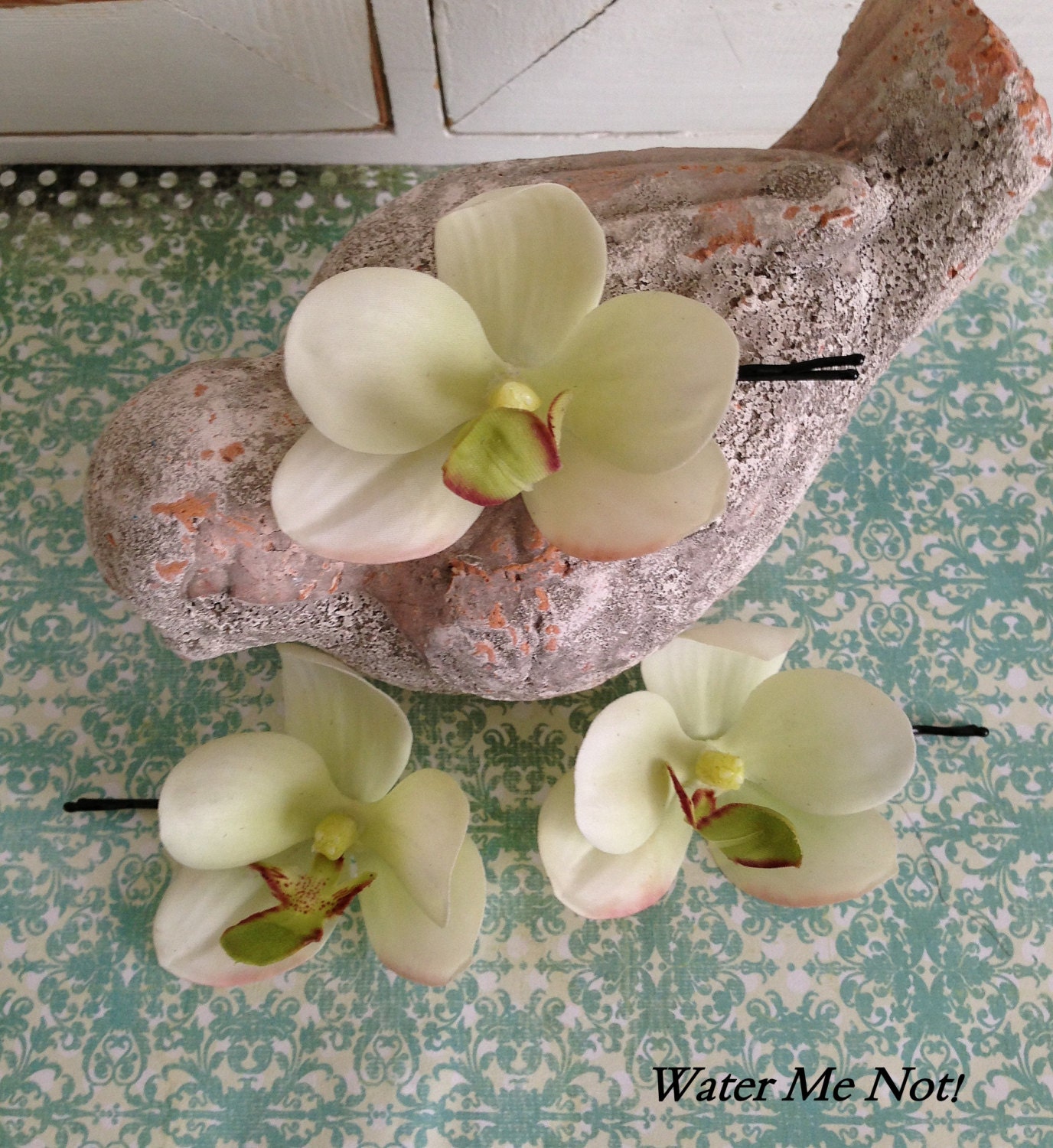 real touch ivory and light green phalaenopsis orchid hair clips