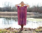 Silk & Cashmere Gypsy Kaftan Dress with Fringe Boho Style One Size - Purple