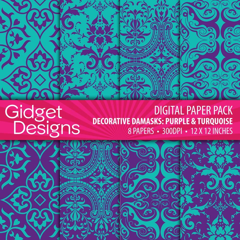 INSTANT DOWNLOAD Digital Paper Pack: Decorative Damasks - Purple and Turquoise