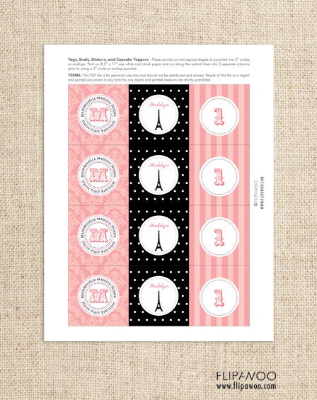 Paris Party Circles by FLIPAWOO (cupcake toppers or tags) - Passport to Paris Collection - Customized Printable Files