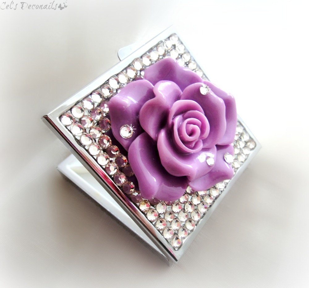 Purple rose pill case, rhinestone pill box, deco bling, gift for her