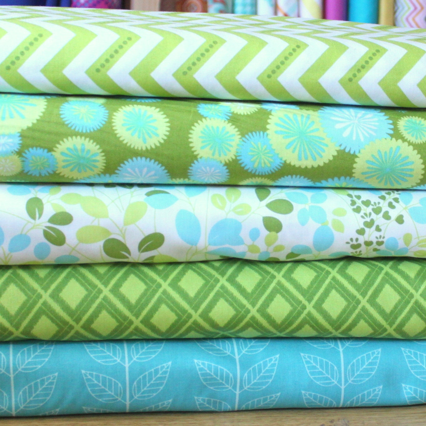 Lime Green and Aqua Leaf Floral Cotton Fabric, Simply Color by V and Co for Moda, Half Yard Bundle, 5 Prints, 2 1/2 Yards Total