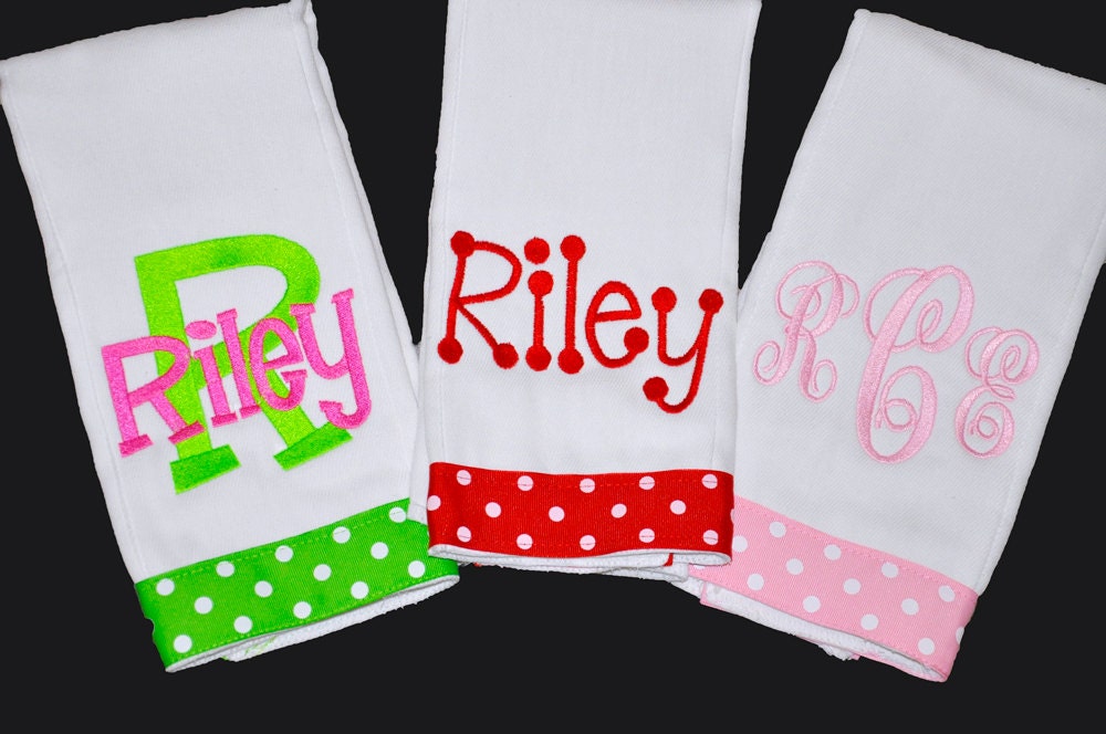 Personalized Burp Cloths Set of 3 with Sewn on Ribbon