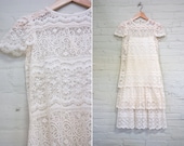 Vintage Cream Lace Cap Sleeve Dress Drop Waist Tiered