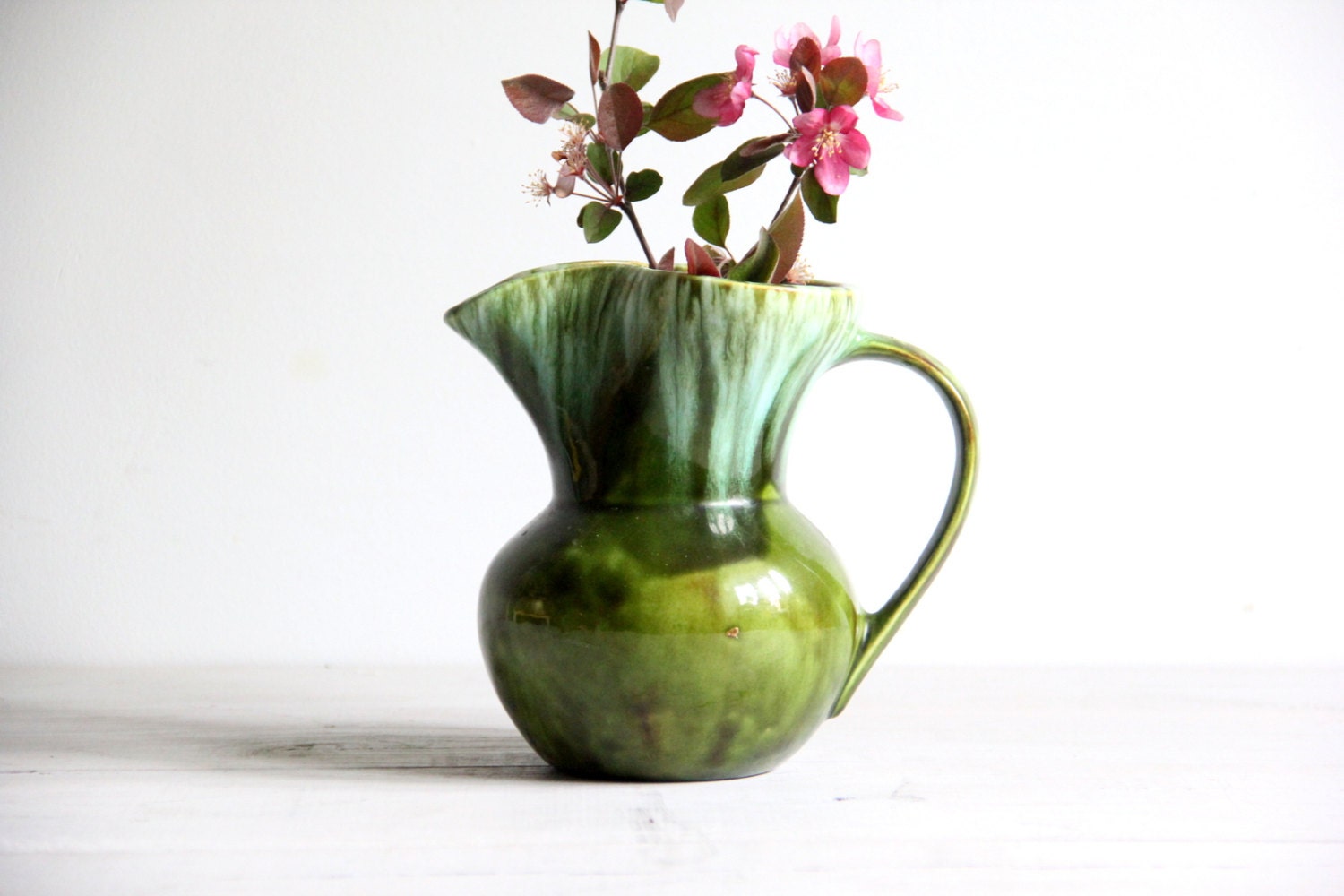 vintage green pottery pitcher / vase